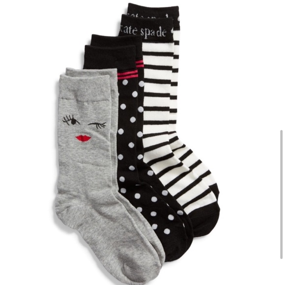 🎊HP 3 Pairs KATE SPADE Gray Black WINK Polka Dot Striped Trouser Crew Socks NIP - Picture 4 of 13